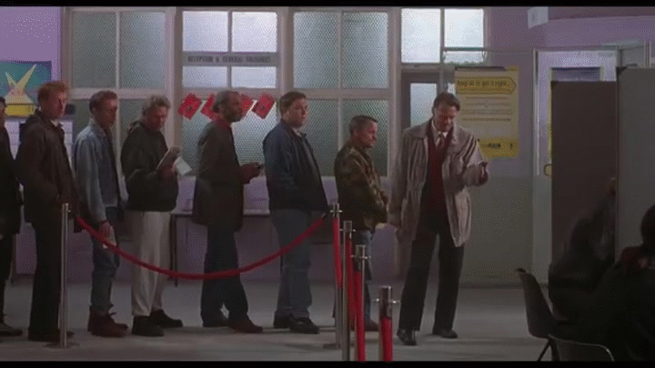Gif of the scene from The Full Monty in the Post Office - Hot Stuff